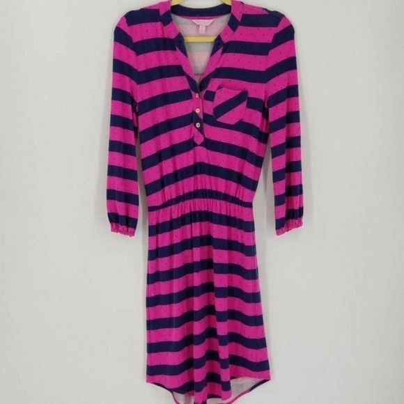 Lilly Pulitzer Beckett Stripe Balloon Sleeve Cinch Waist Dress Pink Blue Size XS - Picture 3 of 8